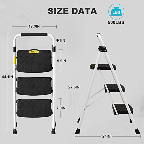 HBTower Trittleiter 3 Stufen Klappbar, Kleine Leiter mit Gummihandgriff, Rutschfester Design, Aus hochwertigem Legierungsstahl, Tragfähigkeit bis 150kg, tragbare 3 Stufen Leiter für Haushalt und Büro