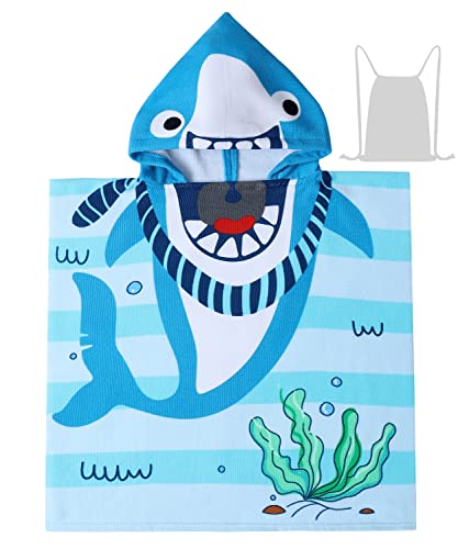Image of Kids Beach Towels with Hood Toddlers Hooded Towel Poncho Swim Cover-ups with Storage Bag, Blue Shark