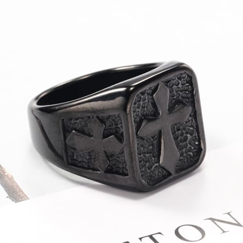 Cross Ring for Men,Stainless Steel Black Religion Cross Ring Bold Square Band with Cut Out Cross Motifs, Gothic Style Statement Christian Jewelry Size 8-123