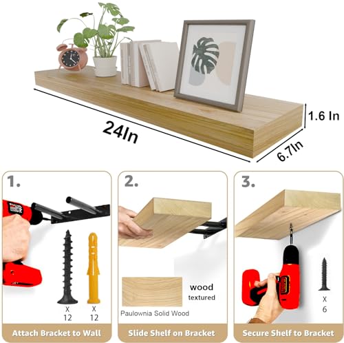 Image of IAE Floating Wall Shelves 24 inch,Bathroom Shelf Wall Mounted,Invisible Shelf Floating Kitchen Shelves,Wooden wall Shelving with Brackets for Living Room wall Mounted,Easy Install,Set of 2,Natural