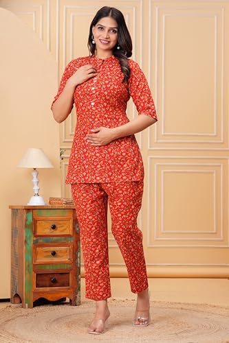 Image of Women Cotton Printed Co-Ord Set Kurta with Pant Set | Cotton Floral Printed Anarkali Maternity Feeding Kurta with Zipper /Maternity