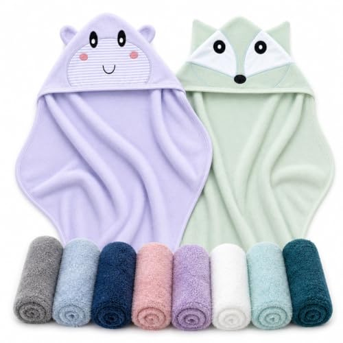 Image of Ease Cubs 18-Piece Baby Hooded Bath Towel Rayon Derived from Bamboo and Microfiber Washcloth Sets for Infant, Toddler - Hippo, Fox