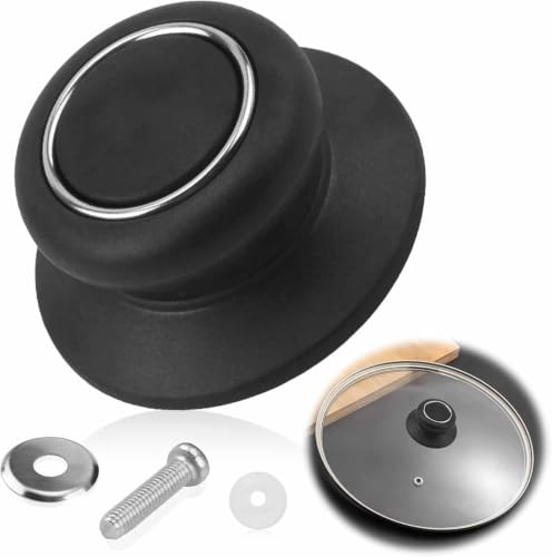 Pomo Tapa Olla, Manija para Tapa de Olla, Asa para Ollas, Mango de tapa de sartenes, Perilla para sartenes, Incluye Tornillo para instalación, Diámetro: 6.5 cm, Negro con embellecedor plateado