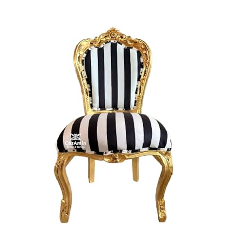 Chaise d'accent en velours noir à rayures, style Louis XV avec cadre doré et rayures noires, fabriquée à la main de style baroque rétro avec rayures en...