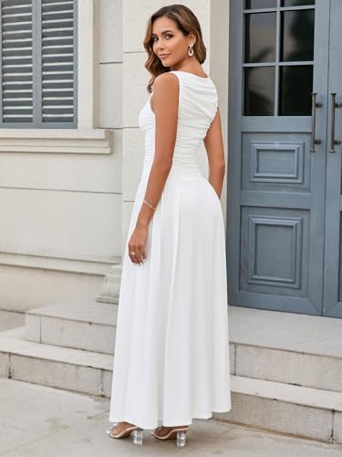 EYNMIN Summer Sleeveless Long Dress Crewneck Ruched Tank Flowy A Line Casual Formal Wedding Guest Dresses for Women4