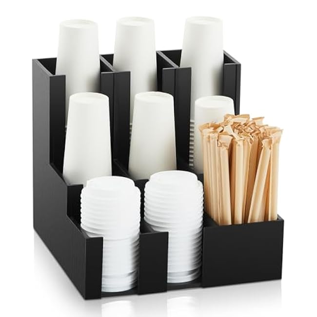 Wooden Vertical Coffee Cup and lid Dispenser, Coffee Condiment Organizer,9 Compartment for Disposable Paper & Plastic Cup, for Cabinet Station Home Countertop Bar 13''l x 13''w x 12''h