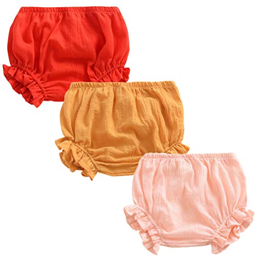 3PC Shorts Set Newborn Baby Girls Boys Pants Cotton Linen Blend Cute Floral Bloomers Triangle Shorts, A Red+yellow+pink, 12-24 Months