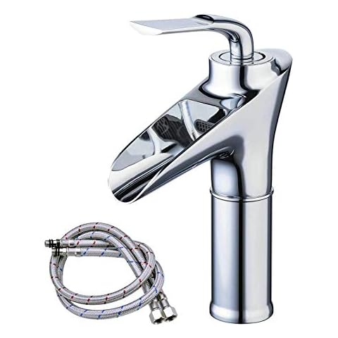NEWRAIN Waterfall Bathroom Sink Mixer Tap Contemporary Chrome Single Handle Single Hole Lavatory Basin Mixer Faucet,Monobloc Deck Mount Bathroom Faucet Cover