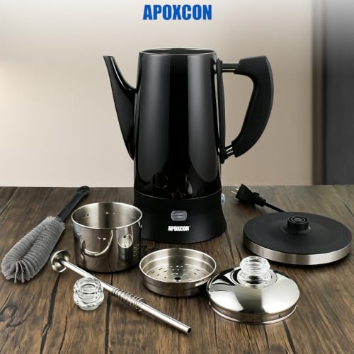 Image of APOXCON Electric Coffee Percolator Stainless Steel Coffee Maker with Glass Knob On /OFF Switch Keep Warm Classic Coffee Pot - No Aluminum No Plastic Contact with Beverage Black (12 Cup)