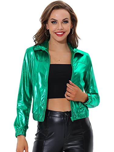 Allegra K Women's Holographic Shiny Party Christmas Long Sleeve Lightweight Zipper Metallic Jacket Medium Green