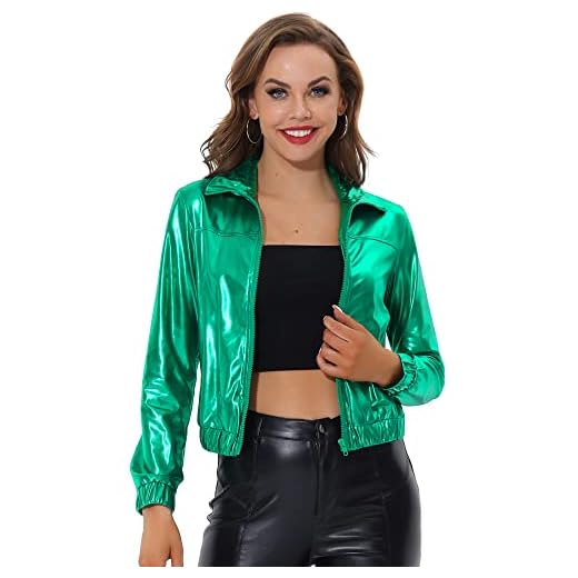 Allegra K Women's Christmas Track Jacket Holographic Shiny Long Sleeve Metallic Zip Front Jacket Medium Green
