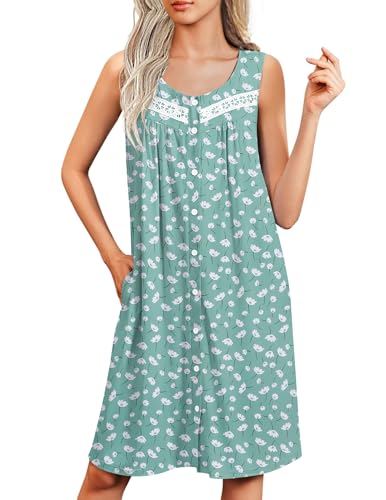Image of Ekouaer Nightgowns for Women Button Up Sleepshirt Tank Sleeveless Nightshirt Soft Sleepwear with Pockets S-XXXL