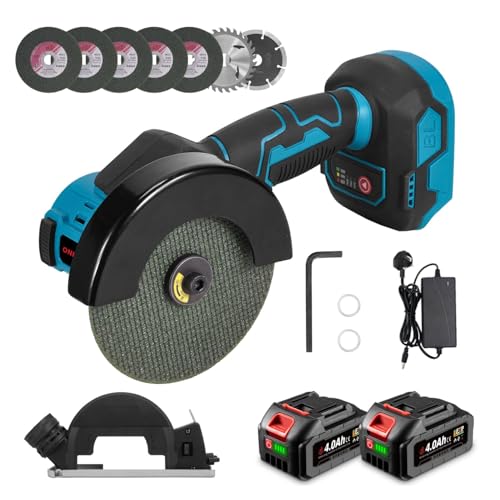 Cordless Mini Angle Grinder - 4 Inch Electric Angle Grinder, 900W Brushless Motor, 3-Speed Variable, Compatible 3–4 in Cutting Blade, Adjustable Base, Dust Port, 2×4.0Ah Batteries, 7 Saw Blades