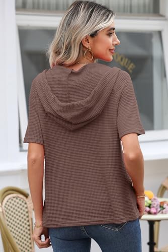 Image of Dokotoo Womens Summer Tops Waffle Knit Short Sleeve Lightweight Drawstring Hoodies Button V Neck Casual Blouses Shirts