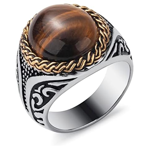 KIRTIJW Mens Natural Tigers Eye Stone Ring Stainless Steel Gemstone Signet Statement Rings Jewelry for Men Women Size 9 Cover