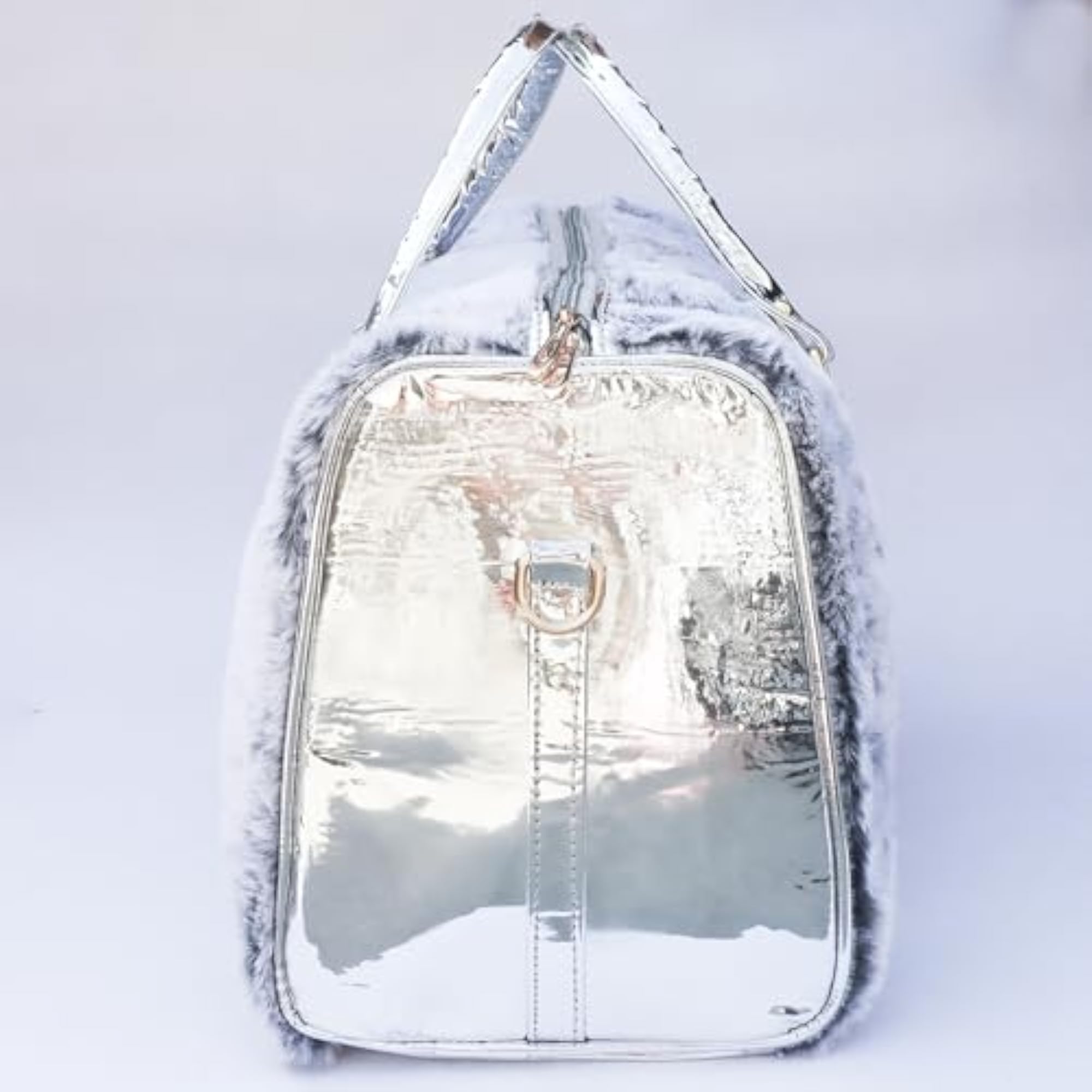 Grey Faux Fur Duffel Bag with Metallic Silver Handles