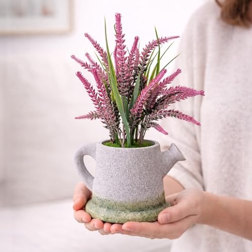 Image of Garden Art Artificial Heather Flower Spray in Shaded Watering Can Planter - Rustic Faux Floral Tabletop Centerpiece for Home, Office, Shelf & Desk Decor (P-0130Pink)