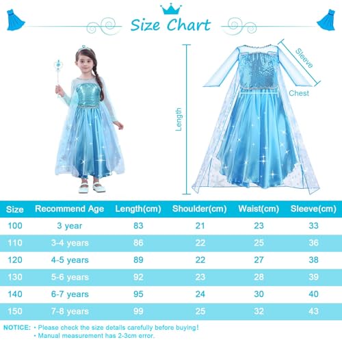 URAQT Princess Costumes for Girls, Snow Queen Princess Dress up, Ice Snow Princess Costume with Fairy Wand and Crown Tiara, Deluxe Girls Fancy Dress for Party Cosplay Bridesmaid Pageant
