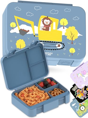 Image of BEARFOOT Kids Lunch Box with Compartments - Compact & Lightweight | Leak-Proof, BPA-Free, Dishwasher Safe | Hand-Drawn Design for Preschool, School, Travel (Excavator Monkey Blue, 4 Cups)