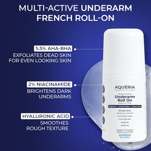 Image of Aqueria 5.5% AHA BHA French Underarm Brightening Roll On | 48H Odour Control | Aqua Fragrance with 2% Niacinamide | Multi Actives, Glycolic Acid, Lactic Acid | Prevents Odor, Kills Bacteria | Exfoliates, Reduces Pigmentation & Discoloration for Even-Toned Underarms | Brightens Skin & Exfoliates Underarm | Alcohol & Aluminium Free | Deodorant for Men & Women | 50ml
