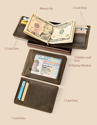 kinzd Slim Wallet with Money Clip RFID Blocking Minimalist Bifold Wallet for Men Genuine Leather Front Pocket Card Holder (AS137 - Crazy Horse Leather Dark Brown) - Thumbnail 2