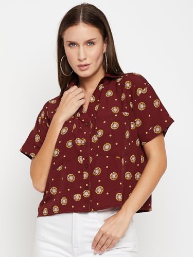 Image of Fashfun Women's Shirt (Floral Pink Crepe Top with Mandarin Collar & Full Sleeve)
