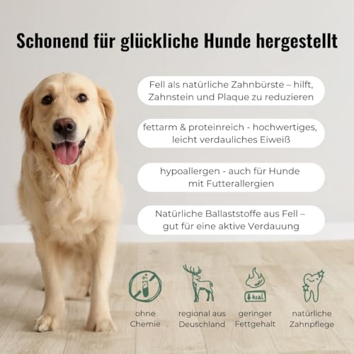 GOOPSI Rehohren für Hunde - 12 Stück, Ohren mit Fell Kauartikel Hund wild, Naturkauartikel, Zahnreinigung Hundeleckerli kauen, Leckerli Kauspaß, aus Deutschland