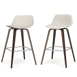 SIMPLIHOME Randolph Counter Stools (Set of 2) - 28 Inch Seat Height Upholstered Bentwood Kitchen Seats in Cream PU Faux Leather, Mid Century Modern Seating with Curved Backrest and Chrome Footrest