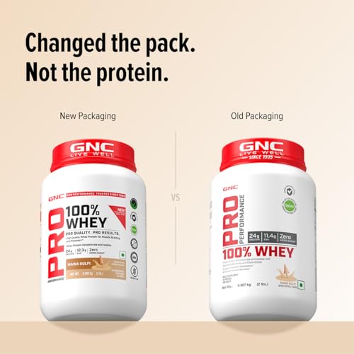 Image of GNC Pro Performance 100% Whey Protein | New Formulation | 24g Protein, 5.7g BCAAs, 12.3g EAAs | Added DigeZyme | Whey Isolate & Concentrate Blend, Low Carb (4.51g), No Added Sugar | Mawa Kulfi, 907g