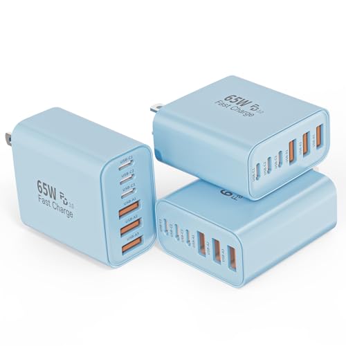 Image of 3Pack 65W USB C Charger Block,Apple USB C Charging Block 6-Port GaN Charger | PD Power Adapter+QC Wall Plug Multiport Type C Box Brick for iPhone 17 17Air 16 15 14 13 12 11 Pro Max XS,iPad,AirPods,Blue