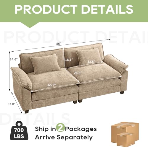 Image of Oprisen 86 inch Modular Sectional Sofa, Comfy Cloud Couch Sectional Sofa, Chenille Sofa Sleeper Deep Seat Sofa with Throw Pillows for Living Room (Khaki, 86 inch- Loveseat)