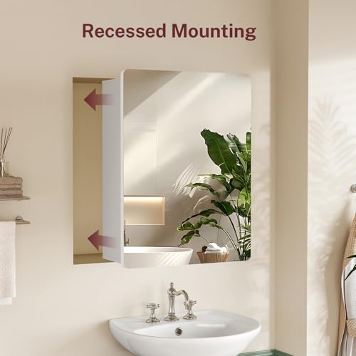Image of TEENFON Medicine Cabinet Mirror with 2 Adjustable Shelves, Bathroom Mirror with Storage, Recessed or Wall Mount Bathroom Cabinet, Wood Bathroom Wall Cabinet, White, 23.6'' x 17.7''