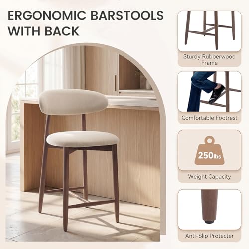 Image of MALOL Counter Height Bar Stools Set of 4, Kitchen Bar Stools with Back, Mid Century Modern Upholstered Barstools with Wood Legs for Kitchen Island Dining Room, Beige