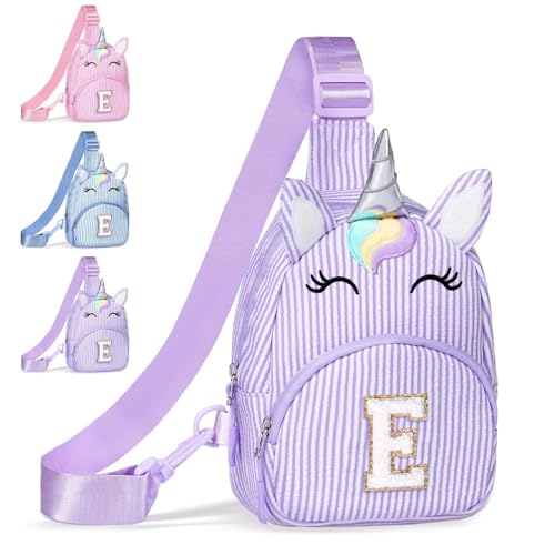Image of COSHAYSOO Purple Girls Unicorn Crossbody Sling Bag Chest Purse Top Trendy Easter Religious Gifts for Kids Little Girl Birthday Party Gift Favors Trip Vacation Outfits Accessories Initial Letter E
