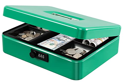 Image of KYODOLED Metal Cash Box with Combination Lock Money Box for Cash Safe Metal Box with Money Tray for Security Lock Box 11.81 inchx 9.45 inchx 3.54 inch Green X Large