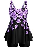 HUAKARY Bathing Suit for Women Tankini Two Piece Athletic Bathing Suits Tank Tops with Board Shorts X-Large Purple Floral