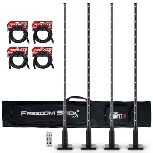 Audiosavings Bundle: Chauvet DJ Freedom Stick X4 (4) Wireless Battery RF LED DMX Light Sticks+Remote Bundle with (4) Rockville RDX3M25 25 Foot 3 Pin DMX Lighting Cable 100% OFC Copper (5 Items)