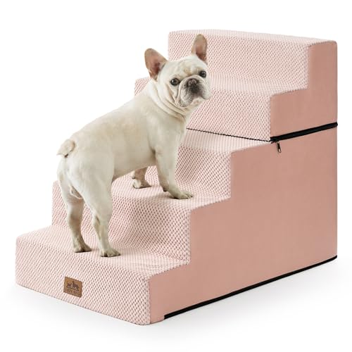 Image of COZY KISS Dog Stairs for Small Dogs, 5 Step Pet Stairs for Beds & Couches | 23.6 inch Extra Wide Non-Slip Dog Steps with Removable Tiers & Support Board for Puppies, Older Cats & Dogs, Pink