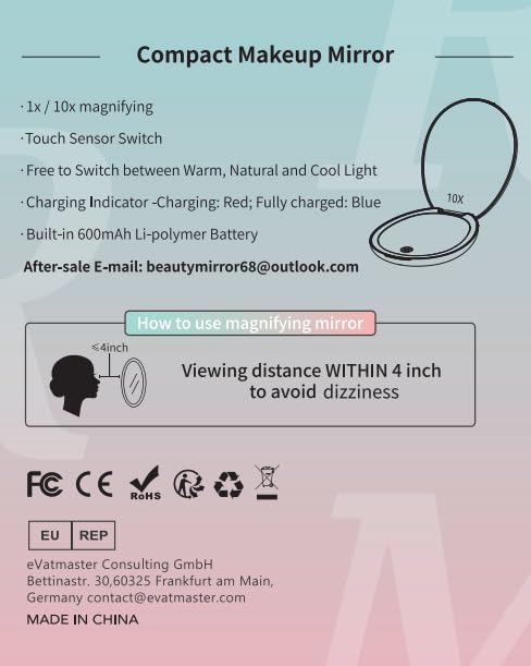 Funtoouch Travel Makeup Mirror with Light - LED Compact, Magnifying, 2-Sided, 3 Color Lights, Cosmetic Mirror, Small Enough for Purse