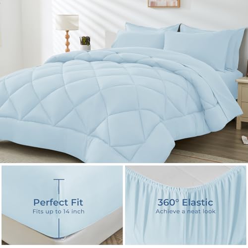 HEVUMYI Twin Comforter Set - 5-Piece All Season Bed in a Bag Twin, Ultra Soft Bedding Set with Comforter, Flat Sheet, Fitted Sheet, Pillowcases, Pillow Shams, Greyish Blue