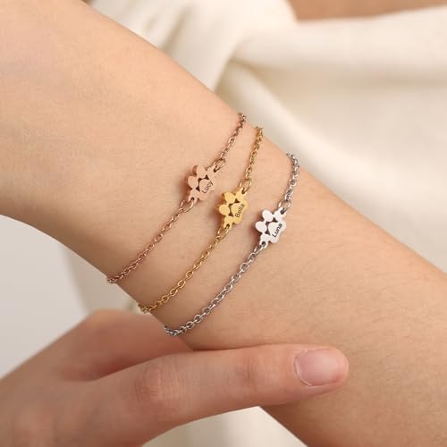 MeMeDIY Personalisiertes Pfotenabdruck Armband für Frauen Graviert mit 1-5 Namen für Hunde und Katzen Haustierpfoten Armband Verstellbare Kette Hundeschmuck Gedenkgeschenke für Tierliebhaber - A2