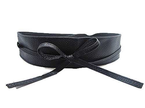 Cintos femininos de couro sintético macio com fivela de amarrar na cintura Obi Cinto largo, Preto, t