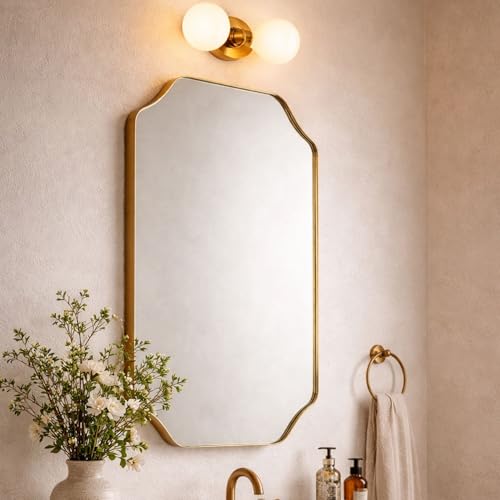 Image of TEHOME Scalloped Gold Bathroom Mirror Decorative Brushed Brass Metal Framed Irregular Bathroom Vanity Mirror 20x30''