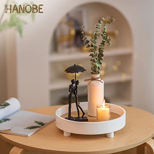 Hanobe Round Decorative Vanity Tray: White Bathroom Perfume Trays Circle Pedestal Stand Wood Riser for Display Decor Dresser