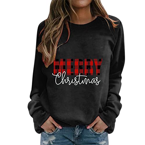 Pull Fille Noir Womens Christmas Print O Neck Sweatshirt Fit Pullover Tops Casual Chemises à Manches Longues Blouse Ample Pull Chaud Cover