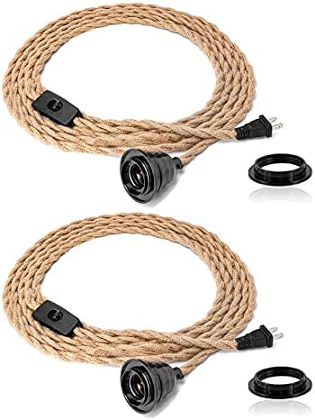 Farmhouse 15ft Pendant Light Cord - Hanging Lights with Plug in Cord Hemp Rope Pendant Lights Rustic Hanging Lamps That Plug into Wall Outlet for Kitchen Island Bedroom DIY Decor - 2 Pack