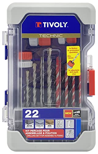 Tivoly 11901170061 Storage Box 22 Pieces, Tile, Concrete, Wood and 3 Depth Stops for Drill Bits Diameter 3 to 12 mm, Red Grey