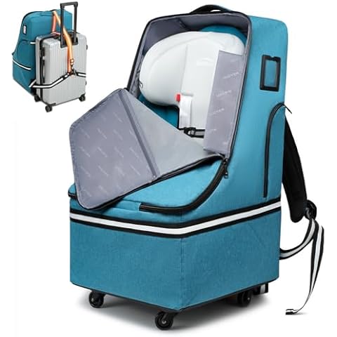 RUCYEN Rolling Car Seat Travel Bag, Padded Carseat Travel Backpack for Airplane,Large Durable Carseat Travel Bag with 4 Wheels,Adjustable Shoulder Strap and Waterproof Base Blue Cover