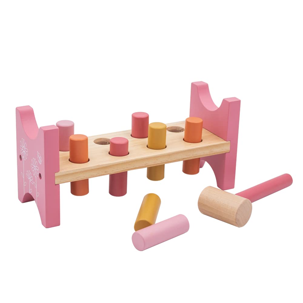 jumini Banc marteau en bois avec marteau en bois et 8 piquets en bois - Excellent cadeau pour bébé de 12 mois, 1, 2, 3 et 4 ans - Couleurs pastel rétro (fleur rose)
