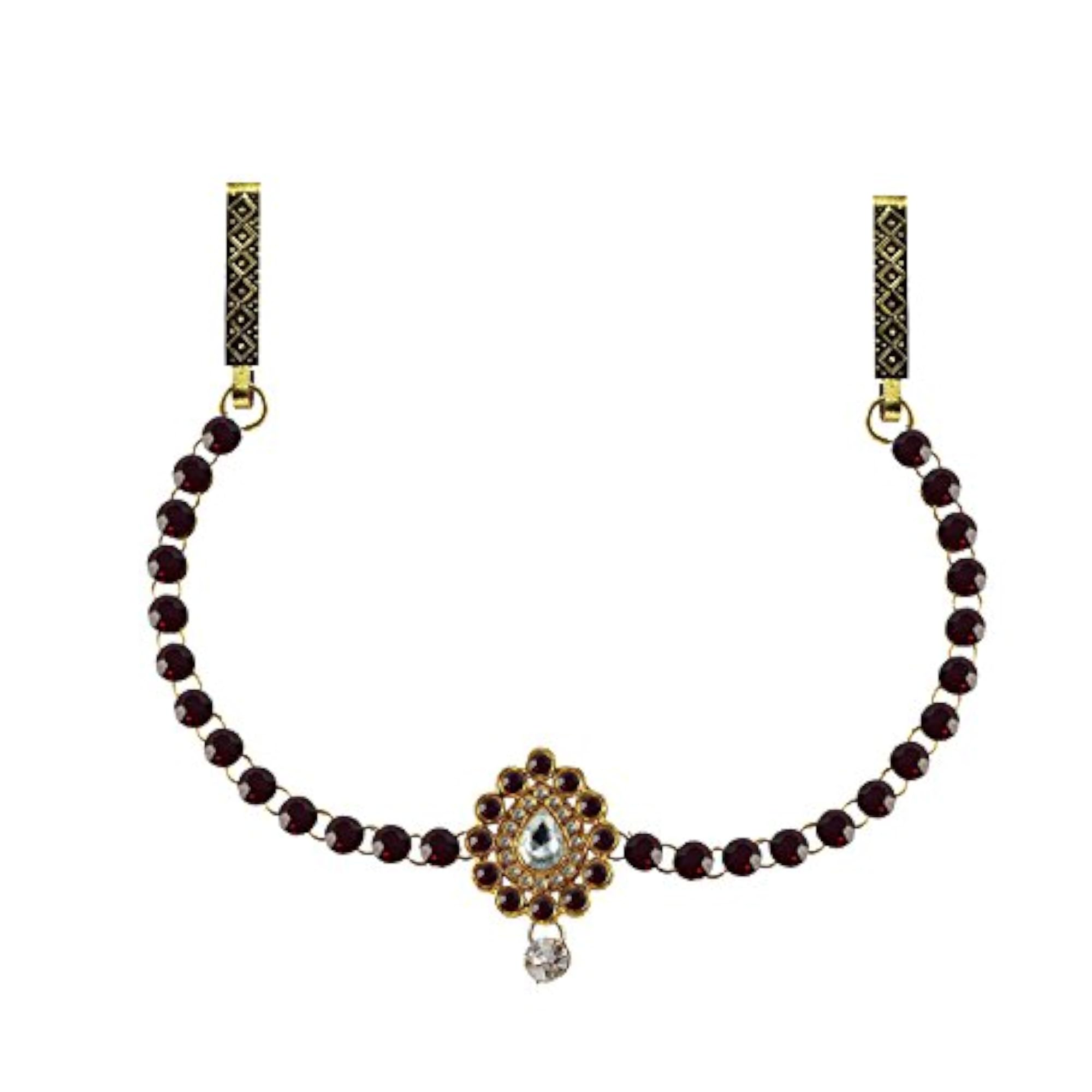 Women's Solid Brass Maroon Stone Stud Platted Waist Belt, Multicolor